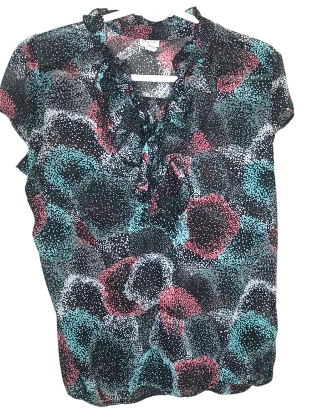 Dynamite Sheer Ruffle Blouse Women’s Small Abstract Floral Top Black Teal M/L